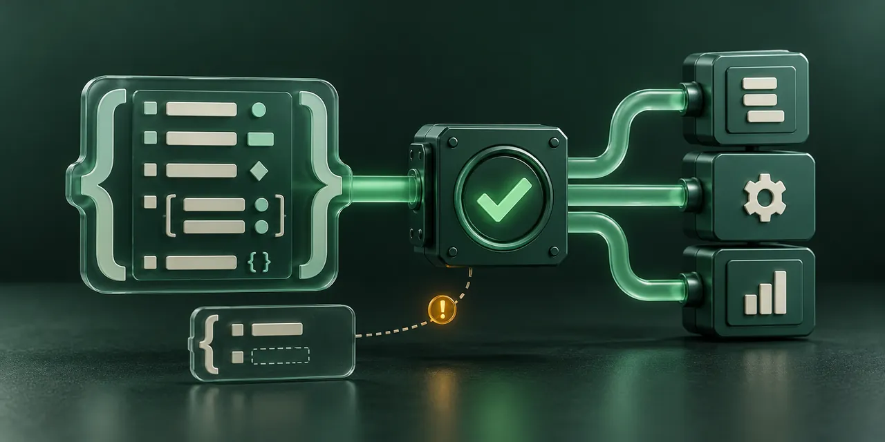 Ein strukturiertes JSON-Objekt passiert einen Validierungs-Checkpoint in einen Workflow, während ein unvollständiges Fragment zurückgehalten wird.